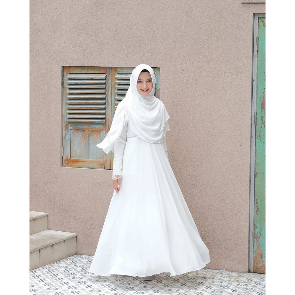 {TERBARU SYAHLA DRESS SYARI +KHIMAR LEBARAN WHITE / DRESS KEKINIAN / GAMIS KONDANGAN / DRESS KHIMAR}