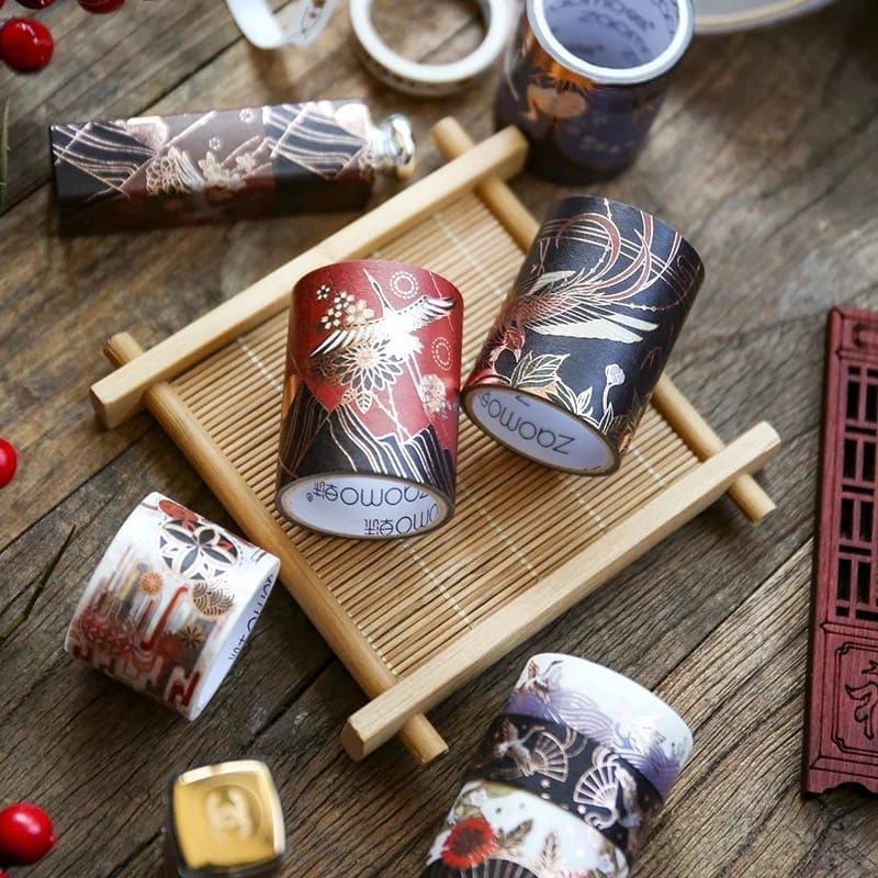 BayLuna W18 5pcs/set Classic Washitape Motif Jepang China Ancient Flaminggo Art Style Gold Silver Masking tape