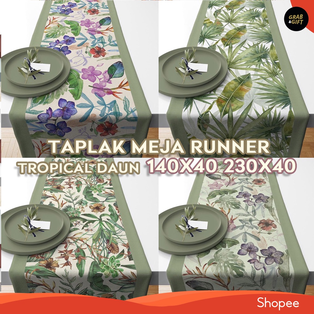 Taplak Meja Table Runner Print Motif Daun / Leaves / Monstera Tropical 140x40 dan 230x40 cm Dekorasi Meja Makan Kasur