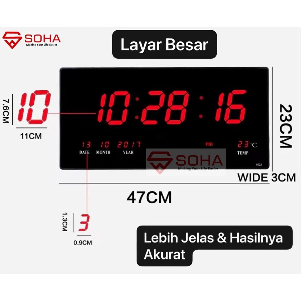 JD- 4622 Jam Dinding Digital Ada Alarm Layar Besar 47 x 23 cm LED CLOCK WALL Dinding / jam Meja digital Smart Watch