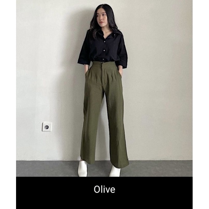 Melyssa Kulot - Celana Kulot - Vintage - Linen Crinkle Highwaist- Cullote Pants | Wide Leg Cullotes | Celana Kulot Wanita-Olive