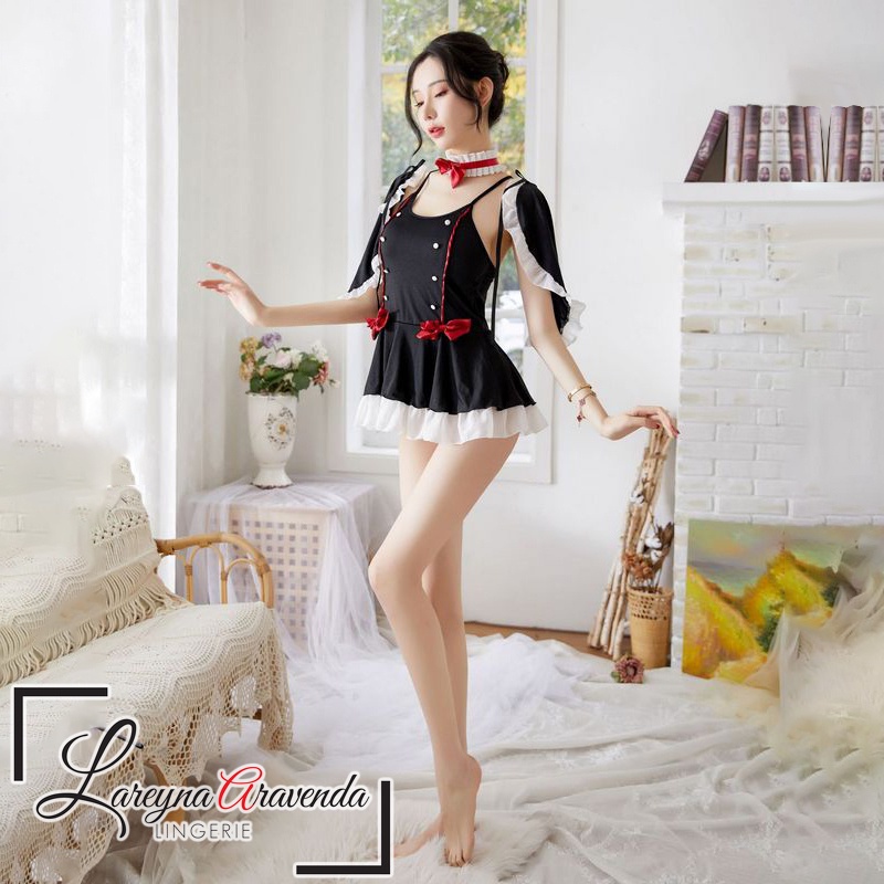 Set Lingerie + CD + Gelang Leher Seksi Model Costume Black Maid Premium LG439