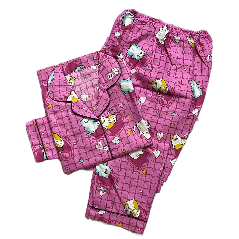 BAJU TIDUR WANITA LENGAN PANJANG / SETELAN PIYAMA WANITA KATUN MOTIF PP