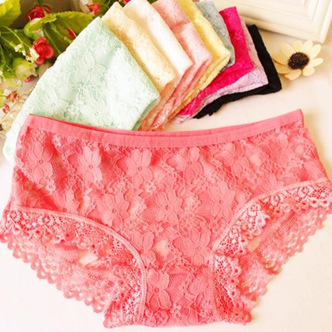 Celana Dalam wanita sexy Celana Renda Transparan warna permen c100-1 - Merah Muda, L