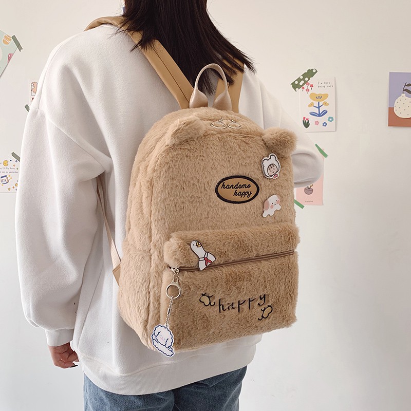 WYK84 Tas Ransel Wanita Bulu Beruang Happy Bear Backpack Feather Impor TKM