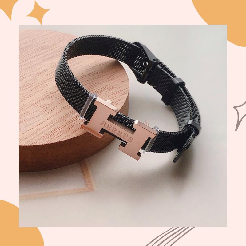 Gelang Tangan Herme Hitam Gesper Jam Tangan Perhiasan Titanium Anti Karat H Lapis Emas 18k Aksesoris