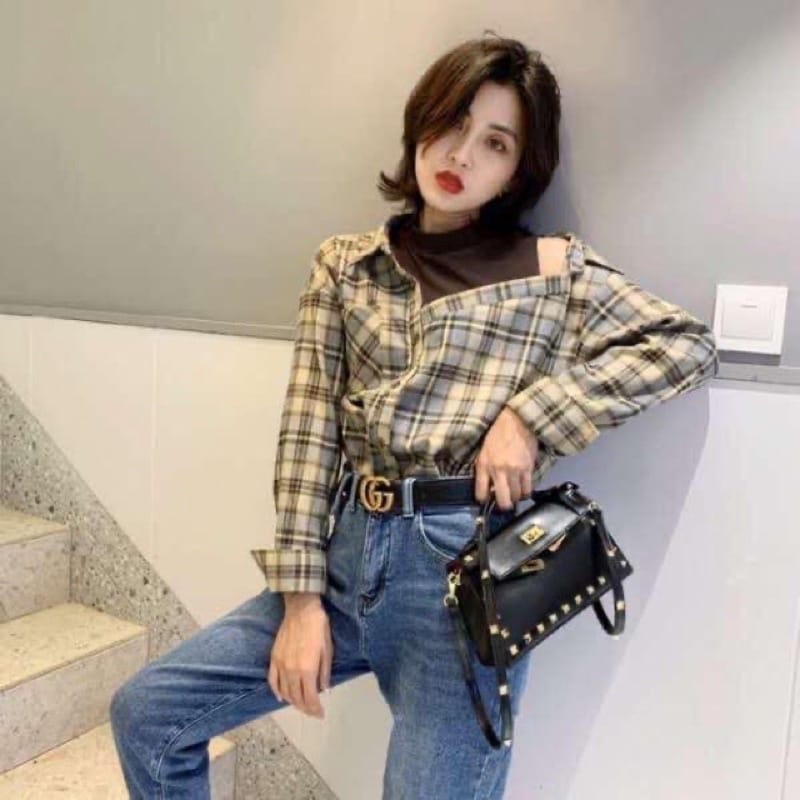 BEFAST - ZEC OOTD Wanita HADE / Kemeja Oversize Tartan Combine Shirt / Kemeja Wanita Style Korean / Kemeja Kekinian 2021 / Kemeja motif Kotak-Kotak Terbaru