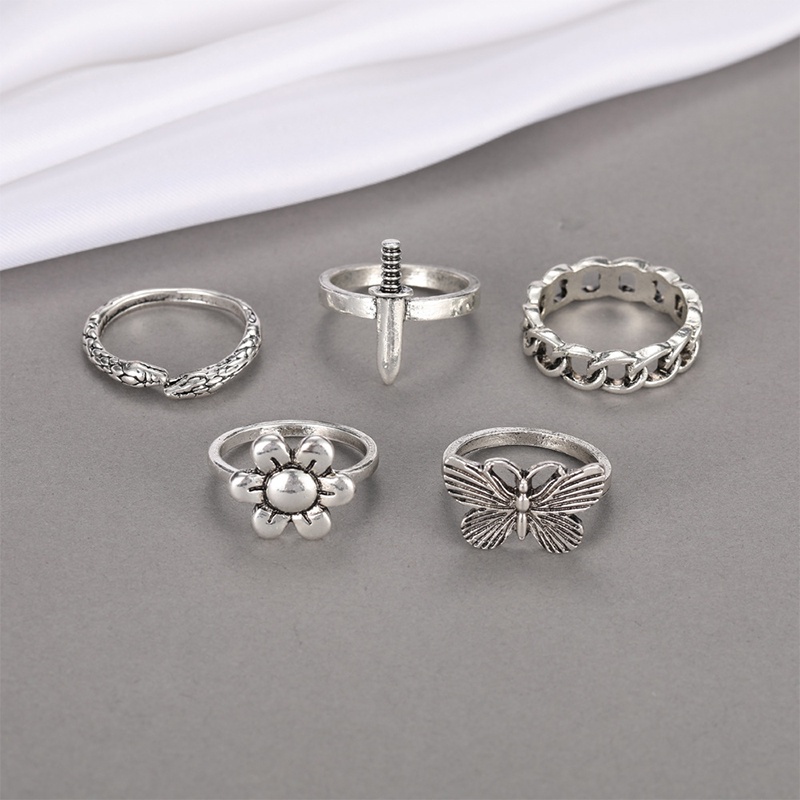 5Pcs Retro Cincin Kupu-kupu Set Sederhana Kreatif Cincin Fashion Wanita Aksesoris Hadiah Untuk Sahabat - ol