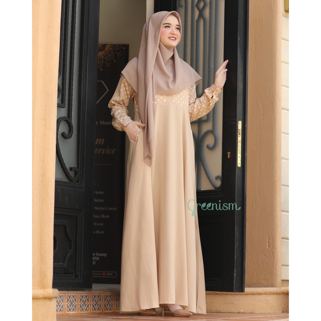 Malika Dress Greenism Gamis Syari Polos Motif Polkadot Busui Remaja Casual Cream Beige Kantor Diskon