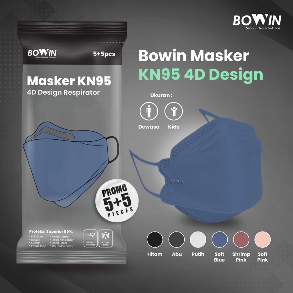 Bowin Masker KN95 4D / KF94 Size Dewasa &amp; Kids AKL KEMENKES RI (Masker Medis /Masker Kesehatan / Masker Polusi / Masker Motor)