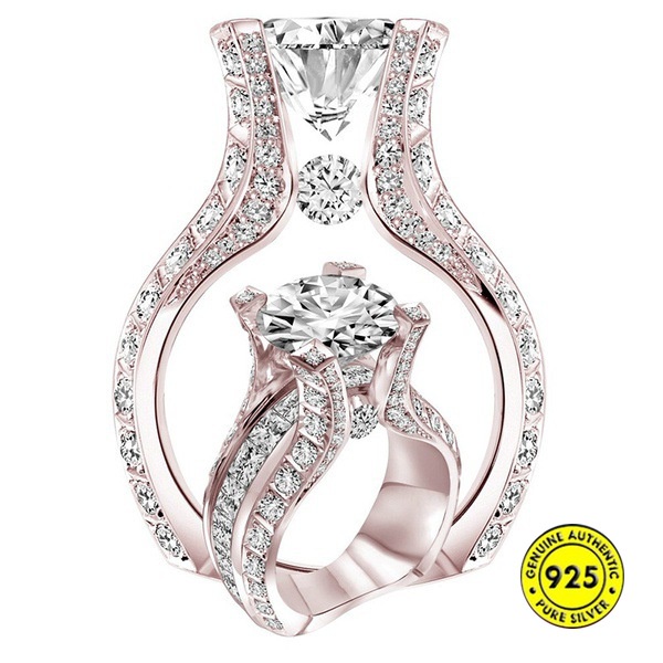 Cincin Pertunangan Bahan Sterling Silver 925 Plating Rose Gold 18k Hias Berlian Untuk Wanita