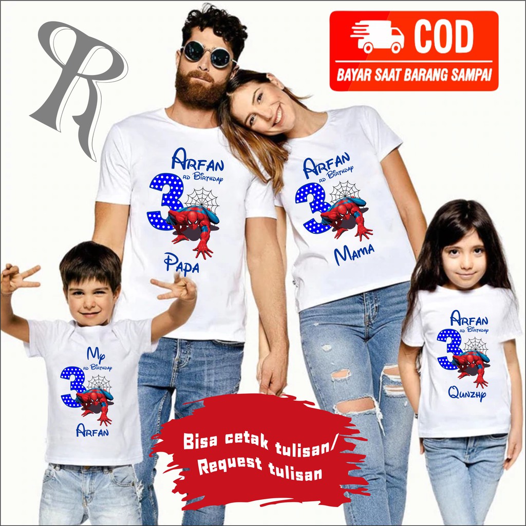 BAJU KAOS ULANG TAHUN COUPLE KELUARGA |KAOS CUSTOM FAMILY CUSTOM ULANG TAHUN TEMA SPIDERMAN-BISA REQ