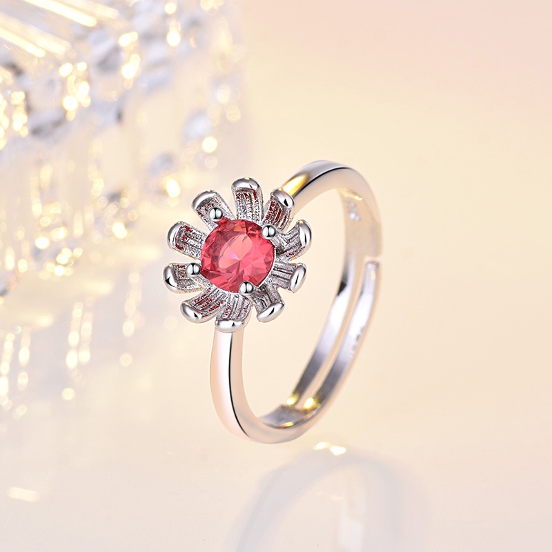 Cincin Sterling Silver 925 Model Bunga Dengan Batu Ruby Kubik Zirkonia Untuk Wanita