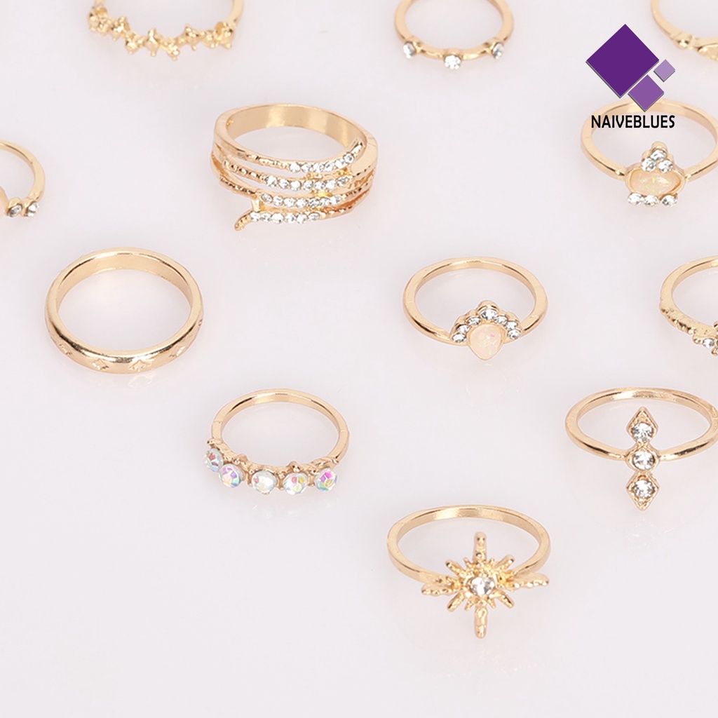 17pcs / Set Cincin Jari Permata Berlian Imitasi Gaya Bohemian Untuk Wanita