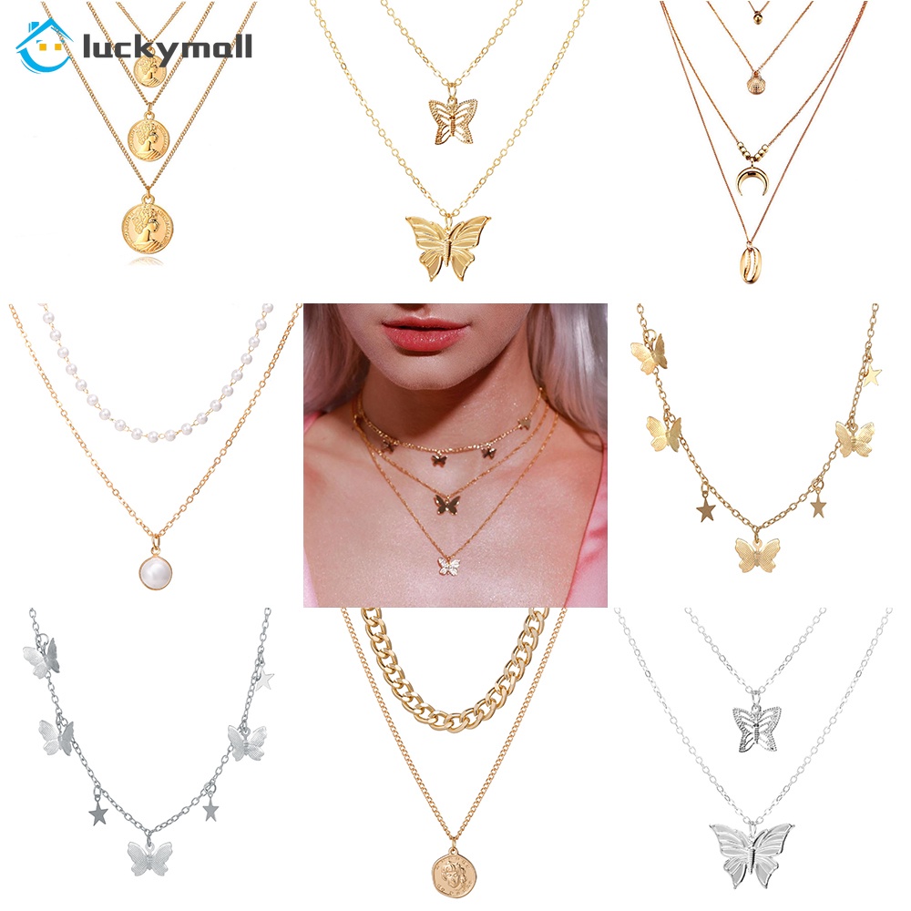 BUTTERFLY Kalung Rantai Multi Layer Dengan Liontin Kupu-Kupu Aksen Mutiara Warna Gold Dan Silver Untuk Wanita Necklace