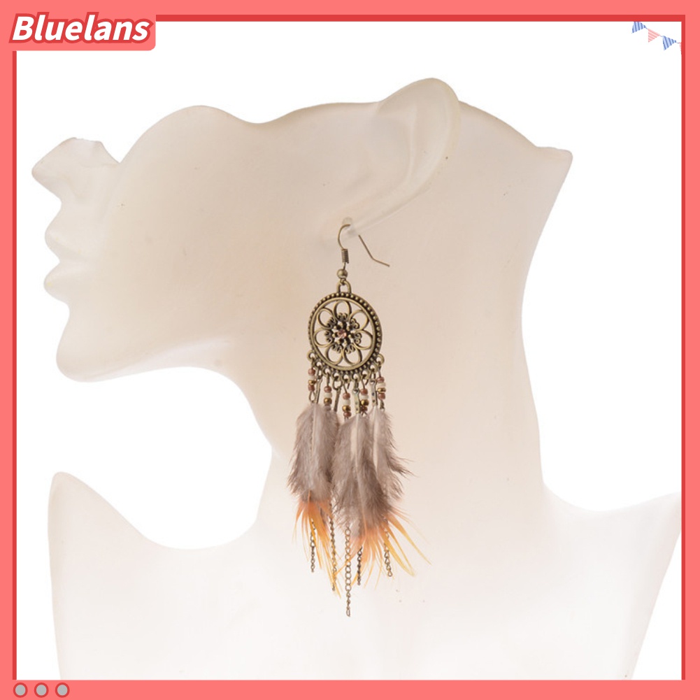 Anting Kait Rumbai Panjang Desain Dream Catcher Aksen Bulu Untuk Wanita