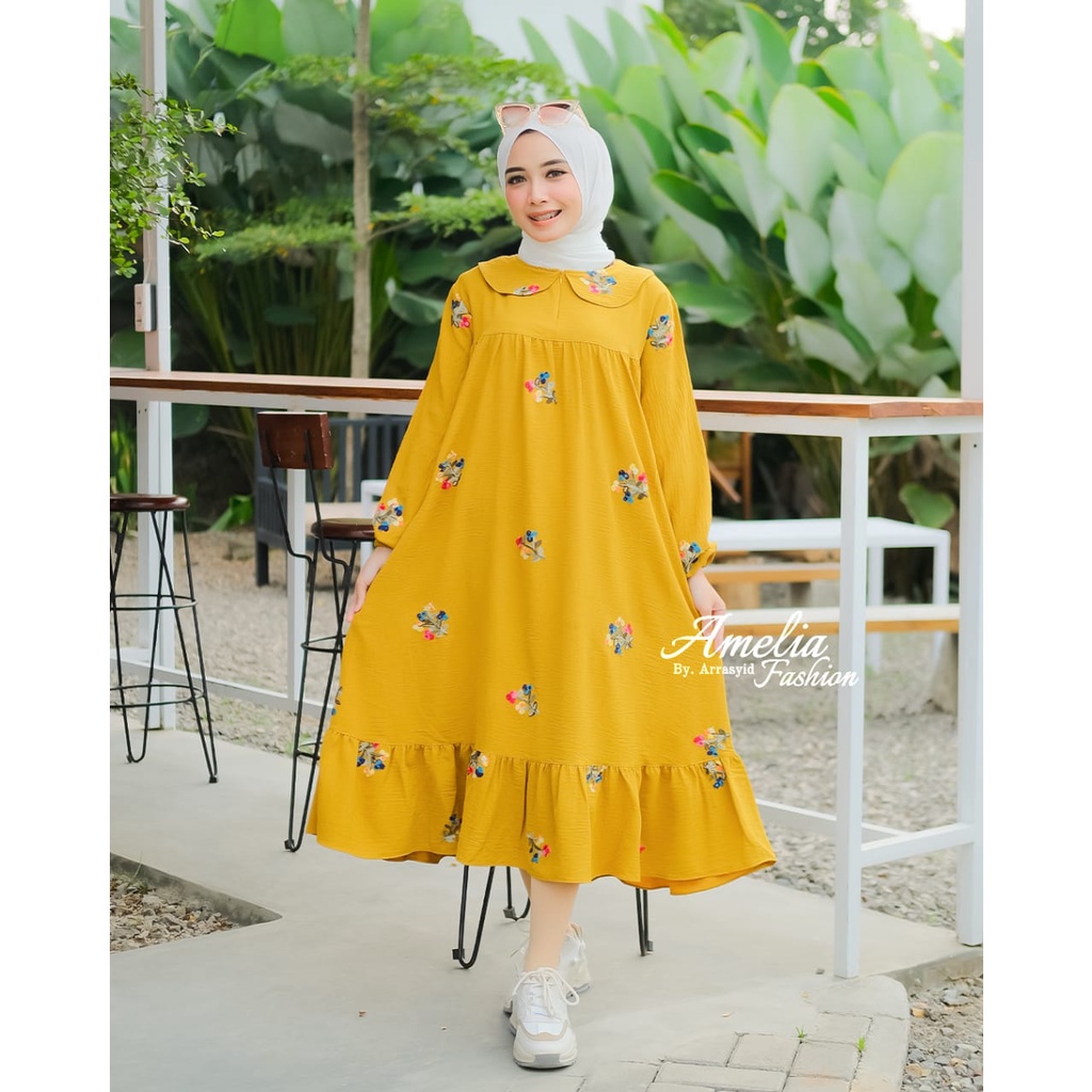 midi dress cringkel SHAKIFA ori amelia dan Nirmala Aluna ori zahin new kringkel rubi style serut susun