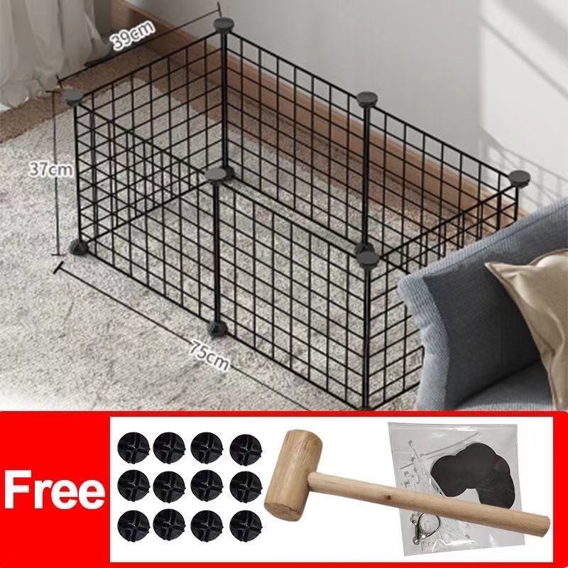 Gratis（Palu konektor stiker tali kunci）DIY Kandang pagar/Kandang Besi Lipat -Kucing Anjing Kelinci Kura-Kura Hamster Pagar Rak Penyimpanan-Hitam 6 PCS