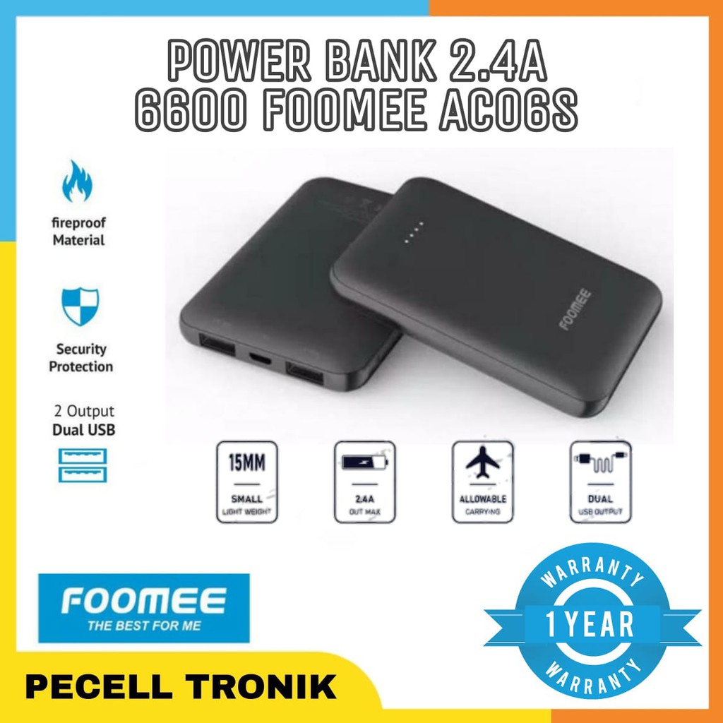 Power Bank Powerbank PB 6600 MAH 2.4A Fast Charging Real Capacity Garansi Dual USB Port Foomee AC06