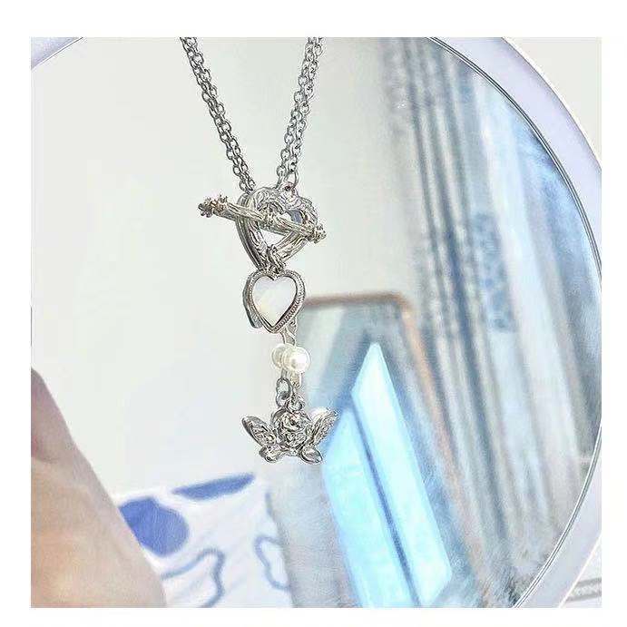 Kalung Rantai Dengan Liontin Hati / Malaikat Gaya Retro Korea Untuk Wanita