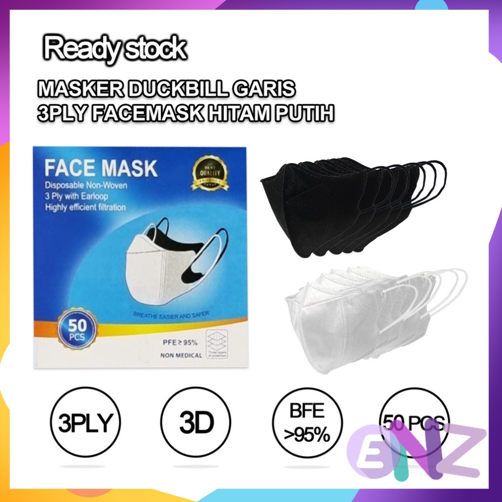ENZ ® MASKER DUCKBILL DUCK BILL FACEMASK FACE MASK DISPOSABLE 3PLY 3 PLY HITAM PUTIH ISI 50 PCS UKURAN DEWASA 1027
