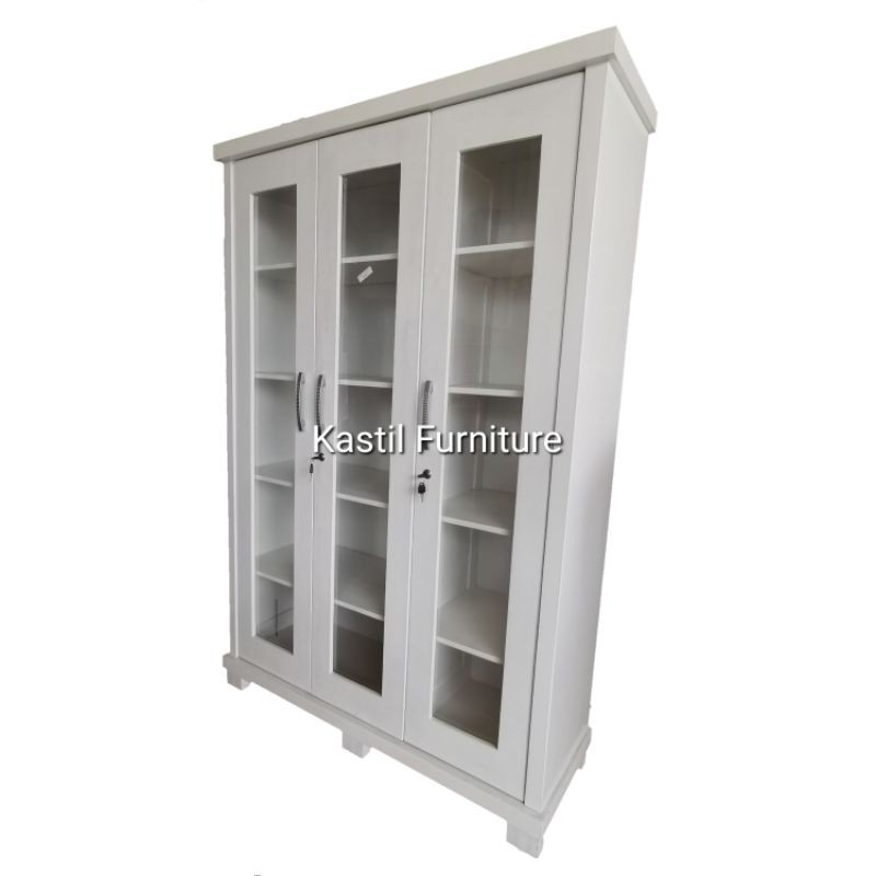 Lemari buku kayu blokteak kaca putih duco lemari serba guna kaca  lemari hias kayu rak buku 3 pintu