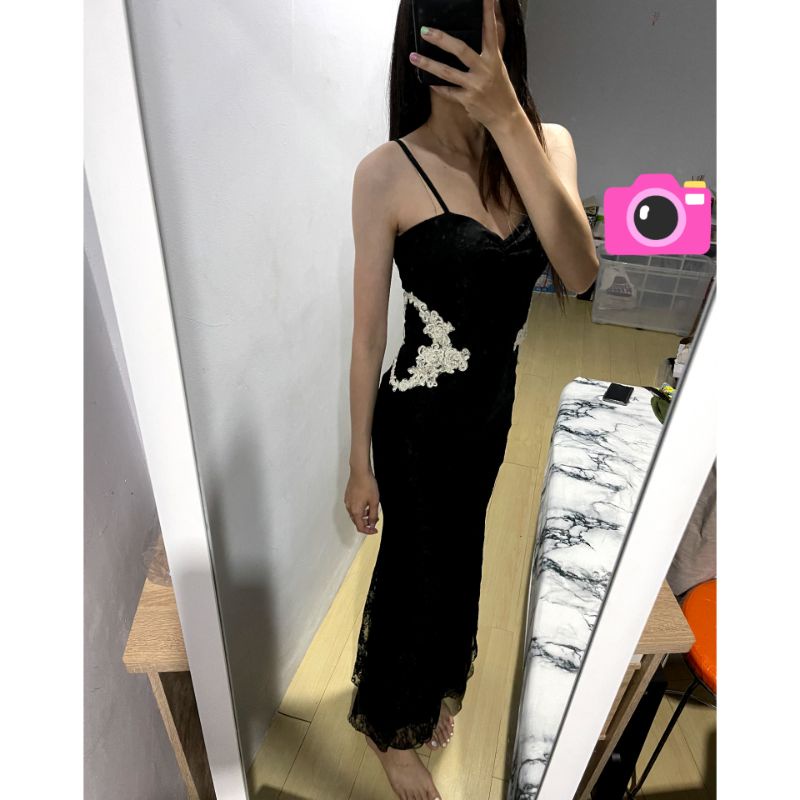 ELEGANT BLACK SLIM LONG DRESS BROKAT (PRELOVED)