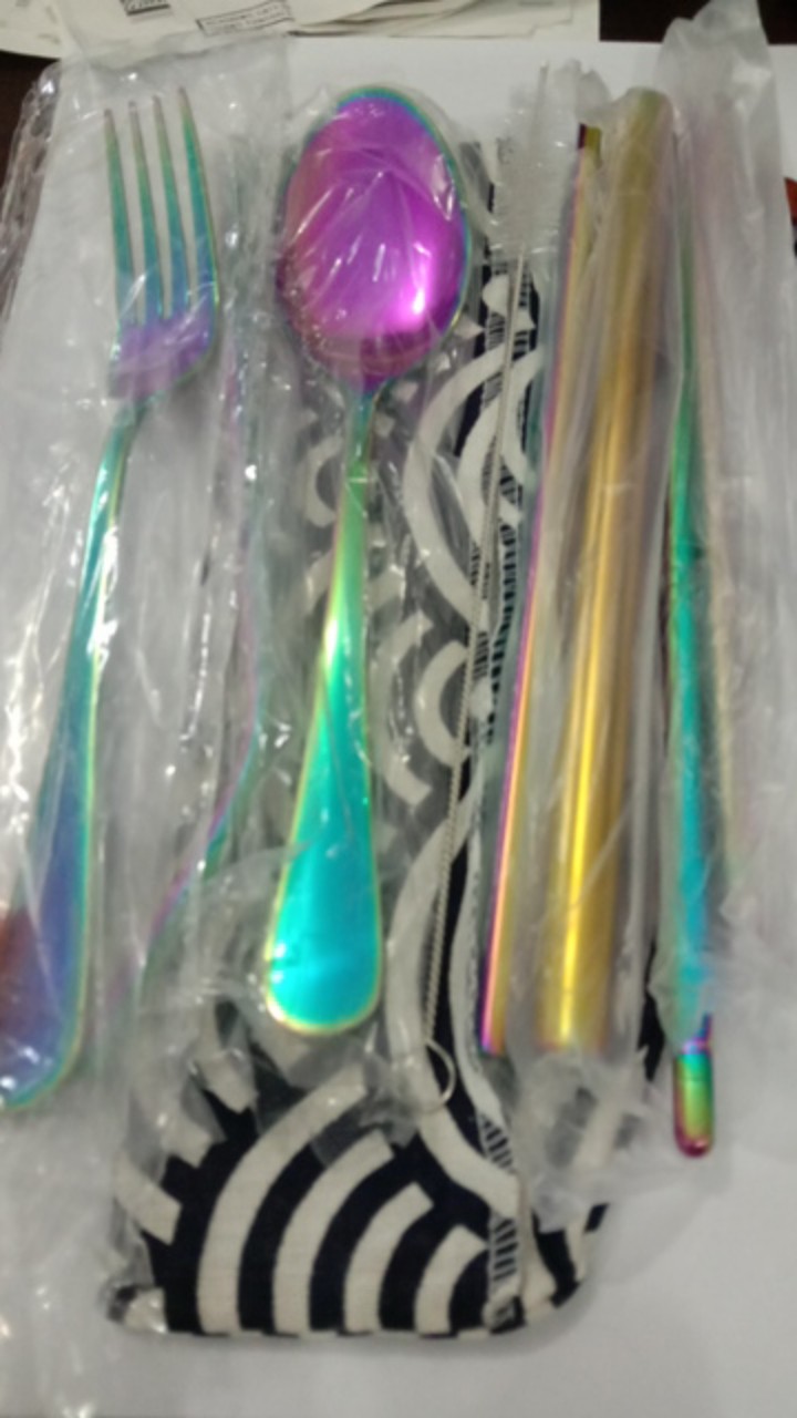 Cutlery Set Travel Sendok Garpu Sumpit Sedotan Warna Pouch Lipat