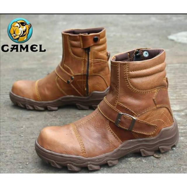 Sepatu boots seafty camel gesper full kulit asli berkualitas