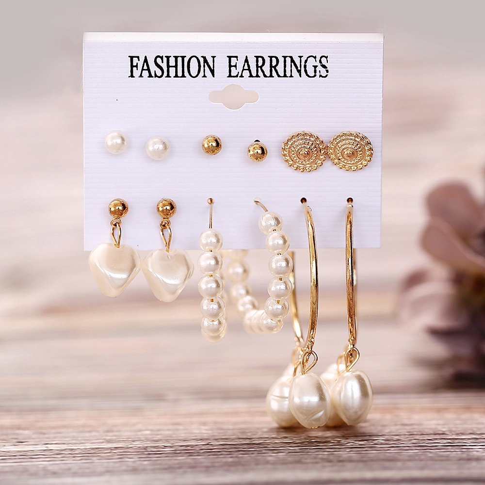 6 Pasang / Set Anting Tusuk Aksen Mutiara + Rumbai untuk Wanita / Hadiah