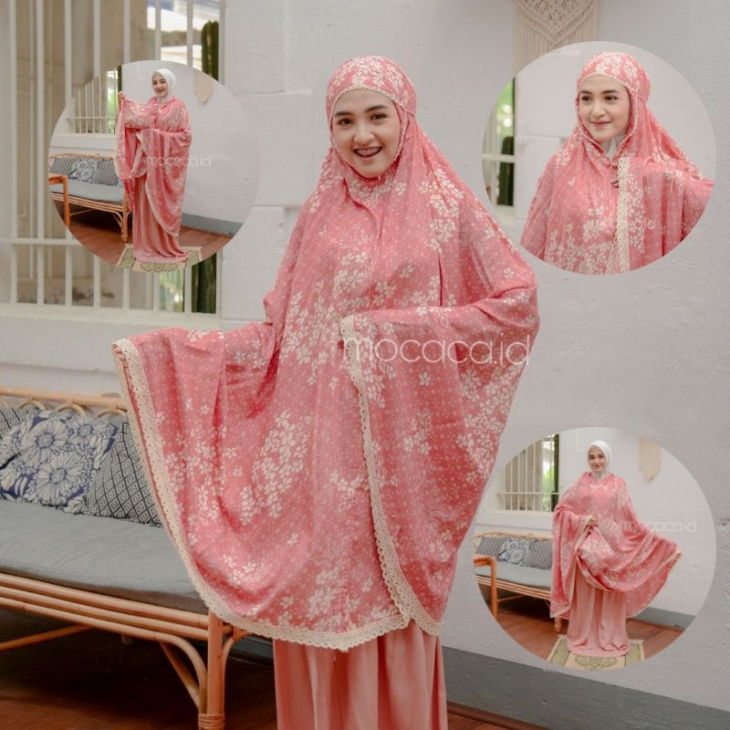 mukena traveling 2 in 1 bahan katun rayon premium free pouch sleting leher motif salem pach orange oren salmon cocok untuk kado