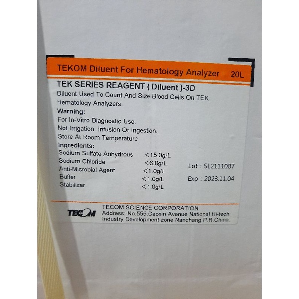DILUENT TEKOM 3DIF ( TEK SERIES REAGENT ( DILUENT ) -3D ) | DILUENT HEMATOLOGY ANALYZERS TECOM