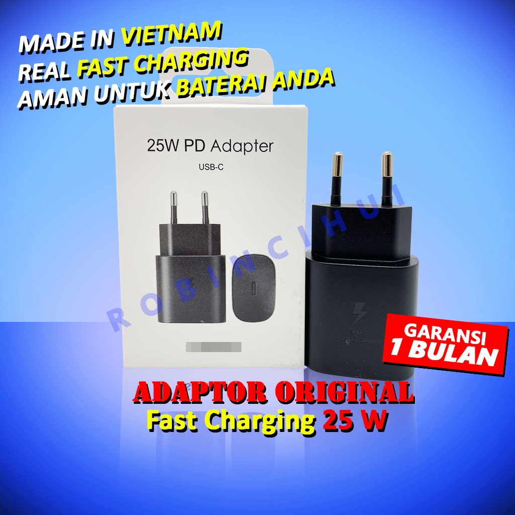 Charger Adaptor 25 Watt Type C Usb C Fast Charging Original Note10,A70,A80,S20, S20+, S20 Ultra, S21, S21+, S21 Ultra, S22, S22+, S22 Ultra