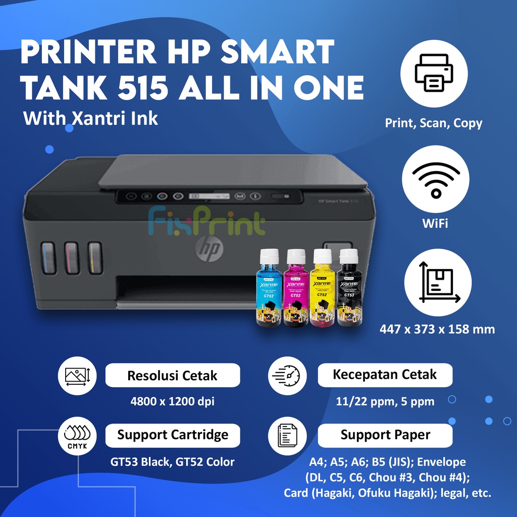 Printer HP Smart Tank 515 Print Scan Copy WiFi Wireless Tinta GT53GT52