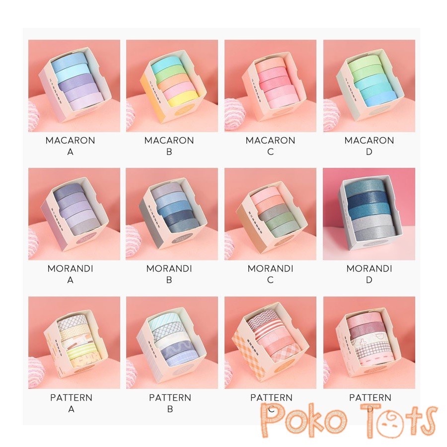 PMM  Masking Tape Set 5pc Essential Collection 10mm x 2m Masking Tape Selotip Pola Warna-Warni