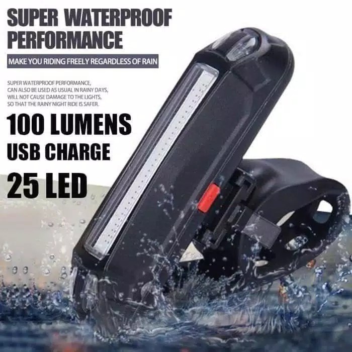 LAMPU SEPEDA USB BIKE LIGHT RECHARGEABLE COB LED 100 LUMENS BELAKANG WATERPROOF MERAHBIRU