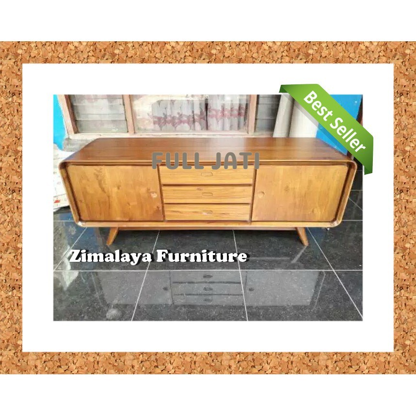 Buffet TV Meja TV Minimalis Retro Bahan Kayu Jati Asli Model 2 Pintu Blok 3 Laci TERBARU  FULL JATI
