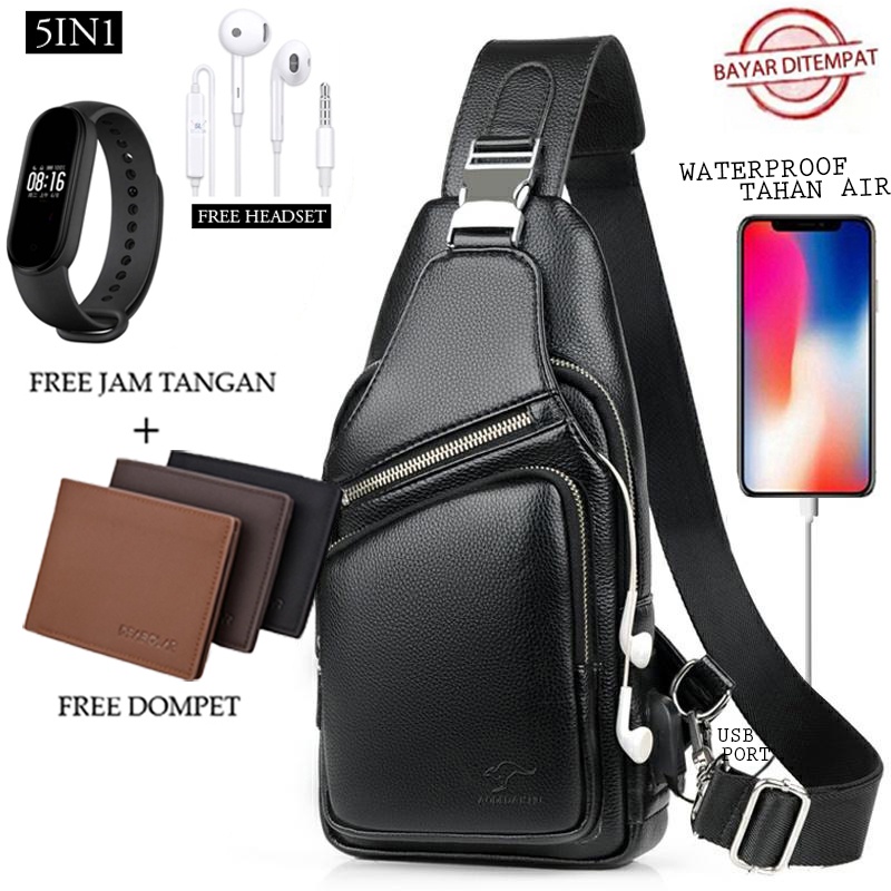 5in1 TAS BONUS JAM &amp;DOMPET,USBPORT &amp; HEADSET-TAS SELEMPANG PRIA sling bag usb port 1