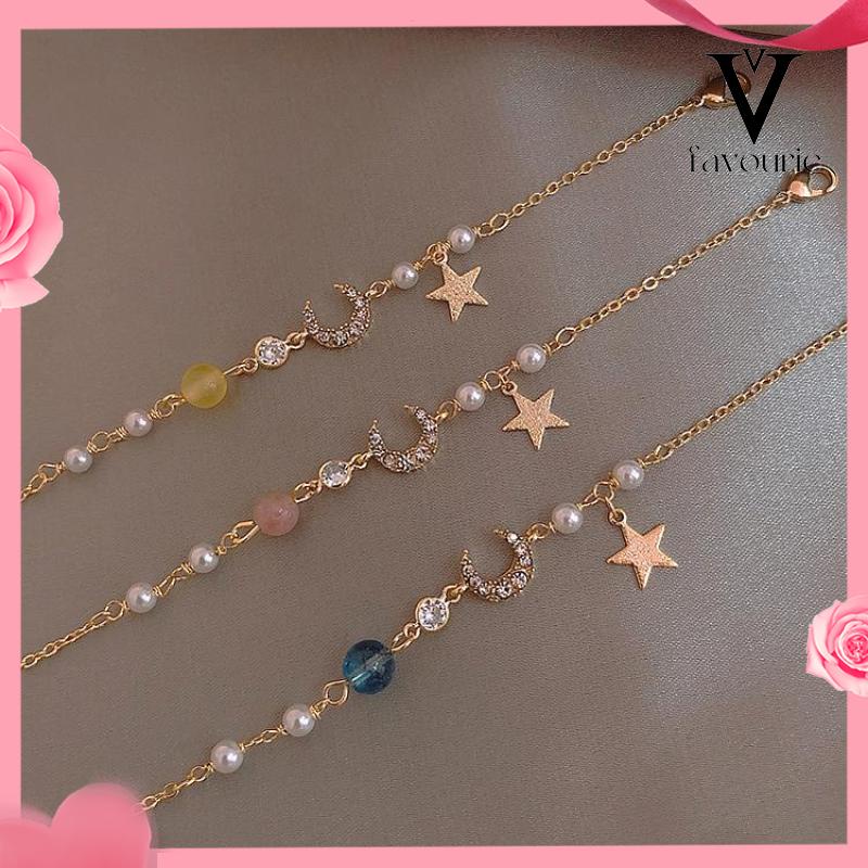 [COD]1 Pcs Star Moon Liontin Gelang/Gelang Star Moon Zircon Pearl Gelang-FA