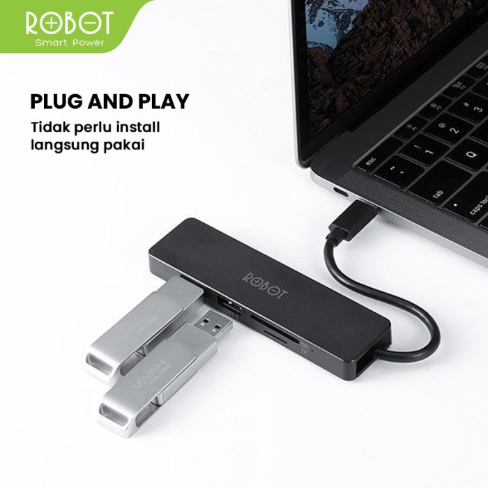 ROBOT HT240S USB C HUB 5-in-1 Type C Adapter SD/TF Card Reader Black