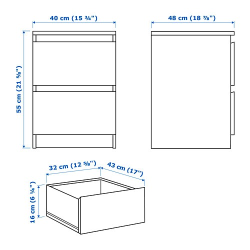 MALM Lemari 2 laci hitam - kayu ash - kayu oak