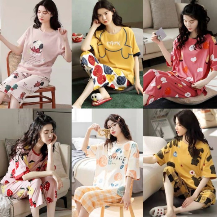SETELAN CELANA SETCEL ONE SET PIYAMA BAJU TIDUR WANITA DEWASA 7/8 IMPORT MOTIF LUCU LENGAN PENDEK ST