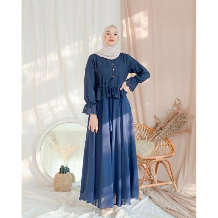(PROMO) Gamis Syari Busana Muslim Jubah Cewek Dress Set Wanita Muslimah - Navy, all size