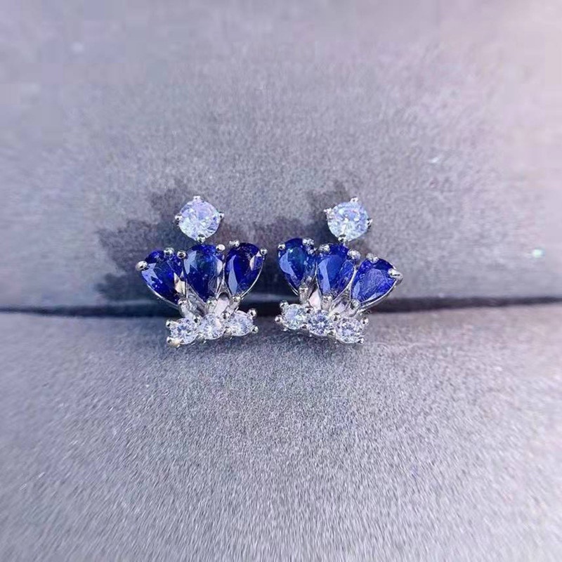 Anting Stud Desain Mahkota Tanzania Blue Sapphires Untuk Wanita