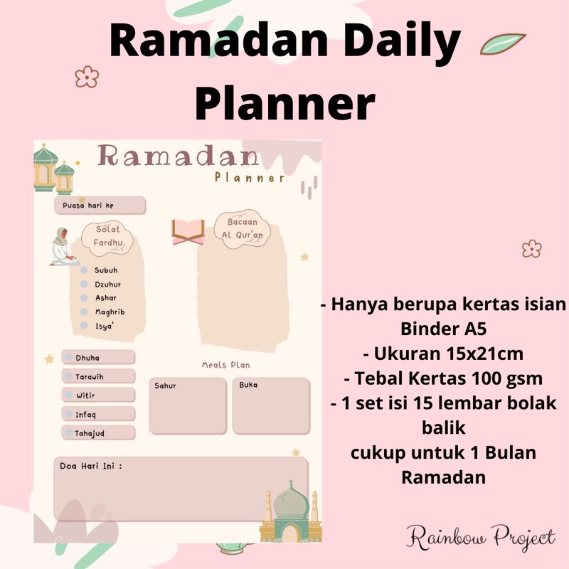 Ramadan Daily Planner Catatan Harian Bulan Puasa Kertas Isi Loose Leaf Binder A5 Jurnal Ramadhan Journaling Baca Quran Muslimah Planner