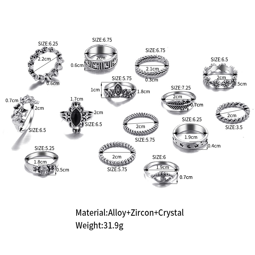 14pcs / Set Cincin Knuckle Desain Bulan Bintang Mahkota Aksen Kristal Gaya Vintage Bohemian Untuk Wanita