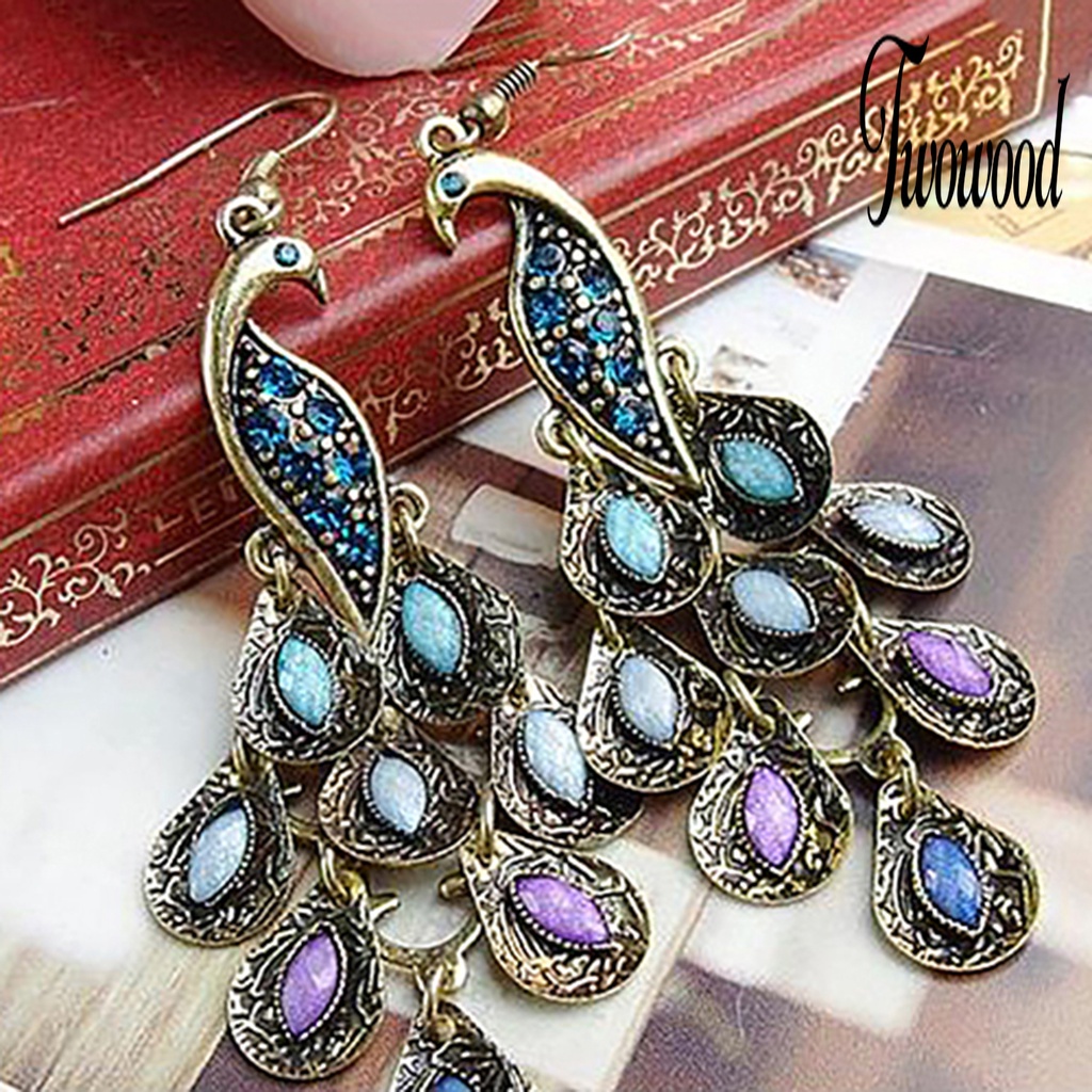 Anting Hook Dangle Bentuk Merak Gaya Bohemian Vintage Untuk Pesta