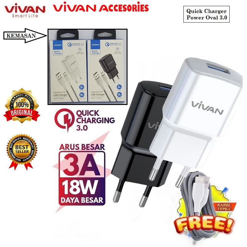 VIVAN Adaptor / Batok Quick Charger Power Oval 3.0 18W + Kabel Type C