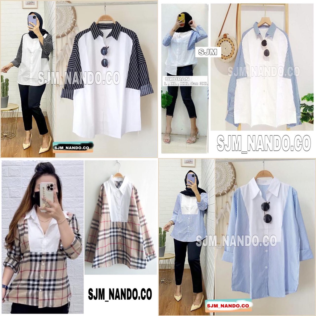 SJM kemeja wanita salur kombinasi lengan panjang kualitas import 710&707-5