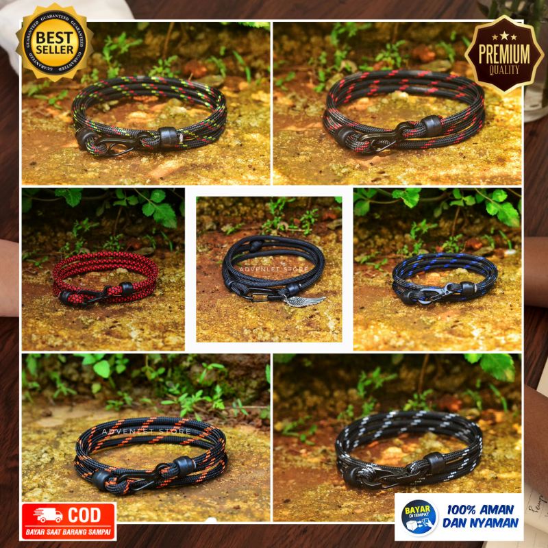 Gelang Hitam Pria Keren Tali Prusik Paracord 4mm Carabiner Edc Cowok Laki Aksesoris Tangan Premium Murah